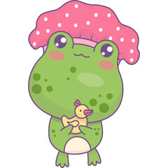 Frog in shower cap with rubber duck