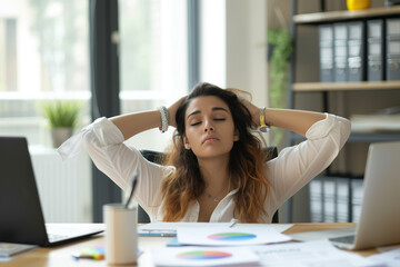 Business bookkeeper financial accountant feels tired but satisfied after completing big work amount. Relaxed young Latin woman with hands behind head sitting at office 