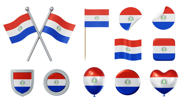 Set of objects with flag of Paraguay isolated on transparent background. 3D rendering