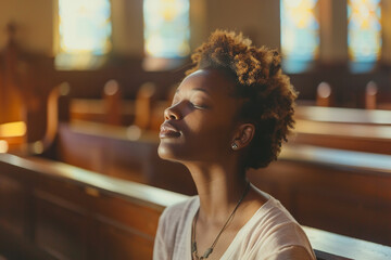African American woman praying in church. Cinematic effect - obrazy, fototapety, plakaty