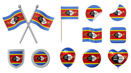 Set of objects with flag of Eswatini isolated on transparent background. 3D rendering