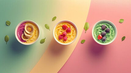 Smoothie Spectrum: Colorful Bowls in a Minimalist White Row