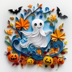 Colorful Halloween Paper Art with Ghost and Pumpkins