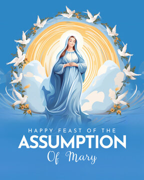 Assumption of Mary Illustration with Feast of the Blessed Virgin and Doves in Heaven 