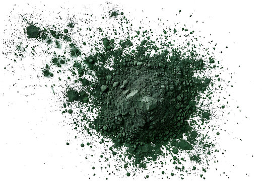 Organic spirulina powder, raw isolated on white, side view