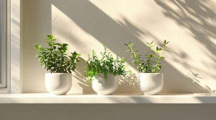 Herbal Haven: Fresh Herbs in a Minimalist White Ceramic Pot on a Sunny Windowsill