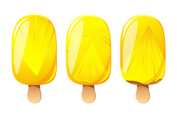 Ice cream with pineapple, fruit popsicle on a wooden stick with pineapple pieces. Summer cold dessert, frozen juice, fruit ice. Vector illustration.