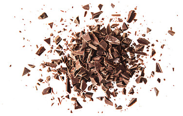 Chopped dark chocolate isolated on white, top view