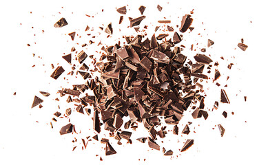 Fototapeta premium Chopped dark chocolate isolated on white, top view