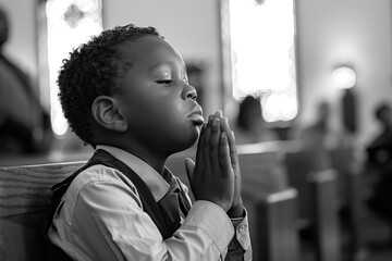 African American boy praying in church