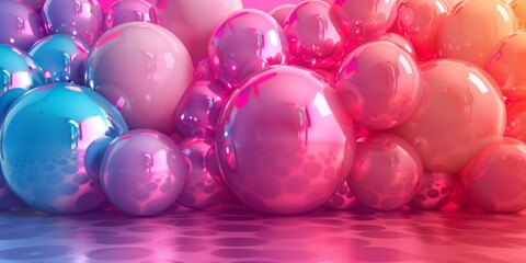 A colorful display of shiny, metallic spheres in various shades of pink, blue