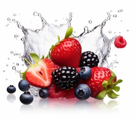 A handful of strawberries, blueberries, raspberries and blackberries are arranged in front of a white background. Water is splashing up around the berries.