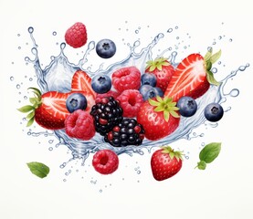 A variety of berries including strawberries, raspberries, and blueberries are shown here. The berries appear to have been dropped into water, as they are surrounded by a splash of water droplets.