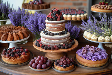 Dessert buffet table, food catering for wedding, party holiday celebration, lavender decor, cakes...