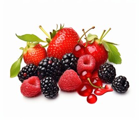 A pile of strawberries, raspberries, and blackberries on a white background.