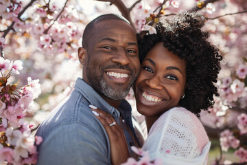 A happy African American couple smiling and embracing under a cherry blossom tree - obrazy, fototapety, plakaty