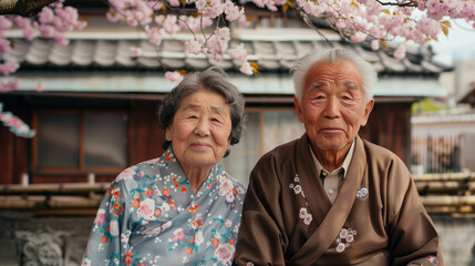 Grandparents celebrating Hanami, sitting under a blooming cherry tree, their eyes full of memories and happiness, Ai generated Images