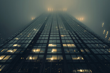 Naklejka premium Foggy night view of illuminated high-rise building
