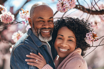 A happy African American couple smiling and embracing under a cherry blossom tree - Powered by Adobe