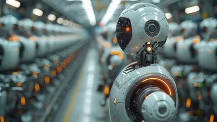 Robotic workforce revolutionizes factories with precision and efficiency in cybernetic environments. Concept Robotics, Workforce, Factories, Precision, Efficiency