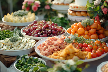 Luxury catering table, with variety of food, fruits or vegetables decorated  on corporate birthday party event or wedding