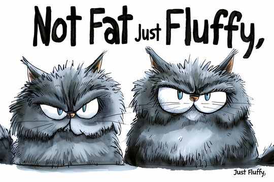 Not fat just fluffy, two cute cartoon cats illustration