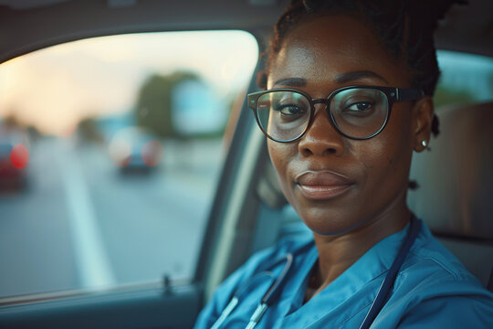 Female nurse sitting in car, going home from work. Female African American doctor driving car to work, on-call duty. Work-life balance of healthcare worker.
