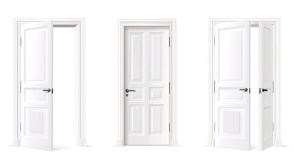 Set of three white panel doors in various open positions