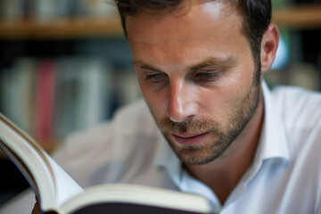 Focused Caucasian business man reading a book in office, close up.