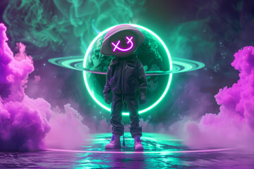 Naklejka premium Futuristic character in neon-lit interstellar scenery