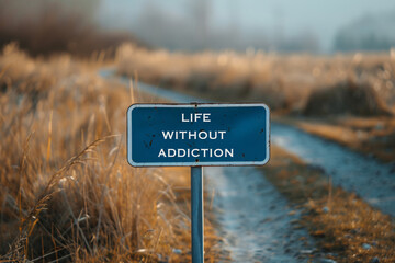 Road Sign Message Life Without Addiction Concept in Serene Nature Setting