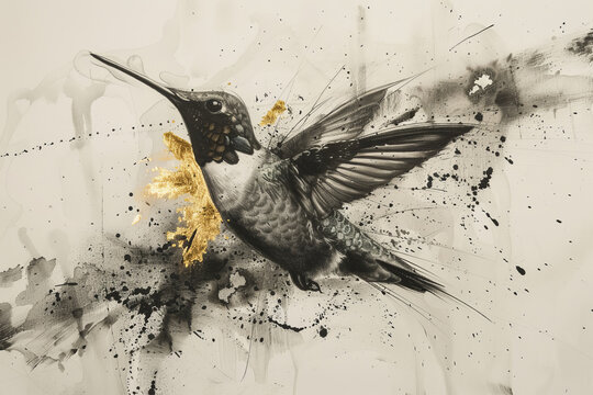 Artistic charcoal drawing of a hummingbird with gold splashes