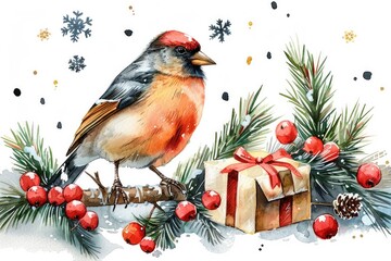 Winter Cardinal on Branch with Christmas Gifts and Holly Berries