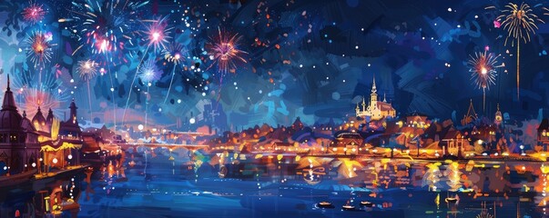 Fototapeta premium Fireworks over the city panorama in honor of Diwali