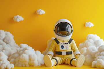 Child astronaut toy seated among fluffy clouds on yellow - 796486871