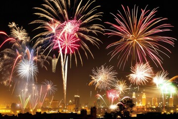 Fototapeta na wymiar Fireworks over the city panorama in honor of Diwali