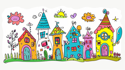 Colorful illustrated fantasy houses in a whimsical style - 796487029