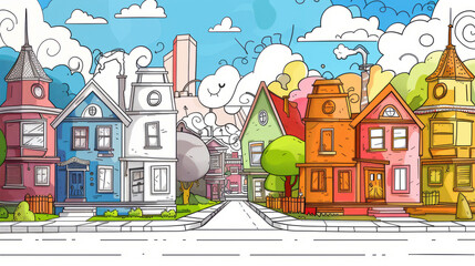 Colorful cartoon houses in a whimsical neighborhood street scene - 796487053