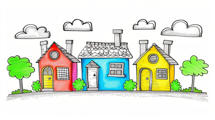 Vivid hand-drawn houses in a colorful cartoon illustration - 796487086