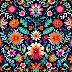 Fototapeta na wymiar Colorful Symmetrical Floral Illustration with Folk Art Inspiration
