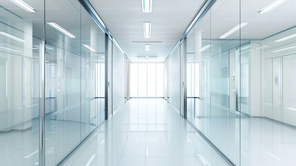 Modern corporate office with glass corridors and minimalist design - 796487202