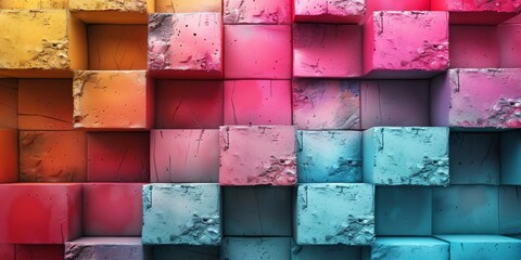 A colorful wall made of blocks with a blue and pink section