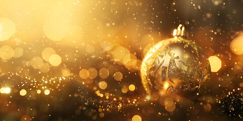 Christmas background golden holiday abstract glitter defocused background with blinking stars  Shiny gold ornament glows, illuminating dark winter night with humor. - obrazy, fototapety, plakaty