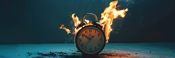 Burning alarm clock. Time out or deadline pressure concept. Clock on fire, symbol of hot sale, discounts, shopping time, countdown. Oversleep, waste of time, insomnia. Time is ending, running out.