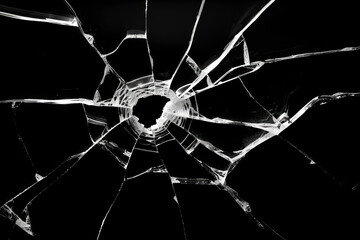 Detailed close-up of cracked glass against a dark background - 796487416