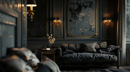 Elegant vintage living room with luxurious dark decor - 796487417