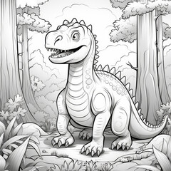 Dinosaur in the forest silhouette illustration. Cute dino coloring page. Jurassic Predator ink outline