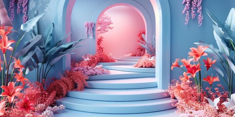 A blue and pink room with a pink archway and pink flowers