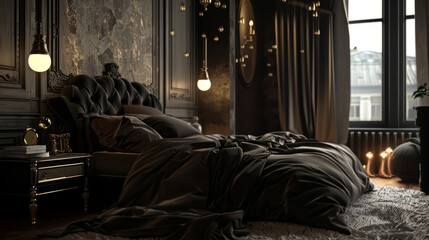 Luxurious dark bedroom interior with elegant lighting - 796487469