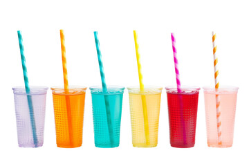 Rainbow Symphony: A Row of Vibrant Drinking Glasses With Straws. On a White or Clear Surface PNG Transparent Background.